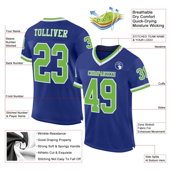 Custom Royal Neon Green-White Mesh Authentic Throwback Football Jersey Custom Royal Neon Green-White Mesh Authentic Throwback Football Jersey