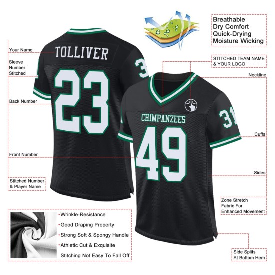 Custom Black White-Kelly Green Mesh Authentic Throwback Football Jersey Custom Black White-Kelly Green Mesh Authentic Throwback Football Jersey