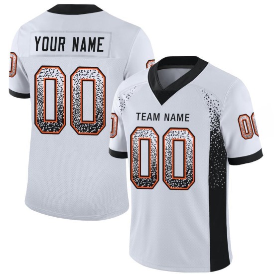 Custom White Black-Orange Mesh Drift Fashion Football Jersey Custom White Black-Orange Mesh Drift Fashion Football Jersey